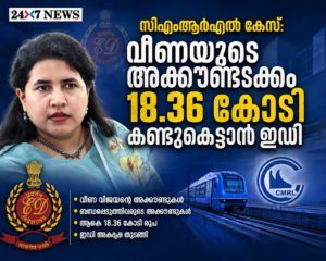 സിഎംആർഎൽ കേസ്: വീണയുടെ അക്കൗണ്ടടക്കം 18.36 കോടി കണ്ടുകെട്ടാൻ ഇഡി